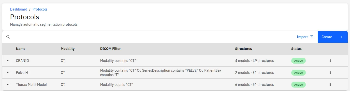 Page Protocoles : chaque protocole avec son filtre DICOM, sa priorité et les modèles qu’il exécute